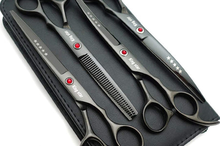 7.0In Titanium Professional Dog Grooming Scissors Set,Straight & Thinning & Curved Scissors 4Pcs Set for Dog Grooming (Bright Black)