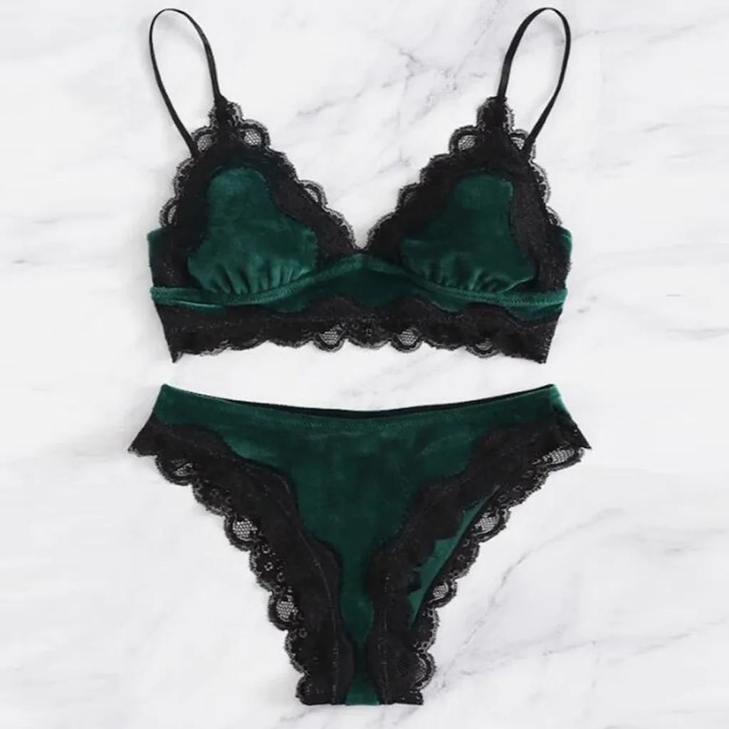 Solid Comfy Velvet Lingeries for Women Floral Lace Gathered Bras and Thong Set 2Pcs Seductive Lingerie Sexy Sleepwear Pajama Set