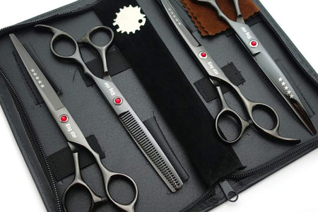 7.0In Titanium Professional Dog Grooming Scissors Set,Straight & Thinning & Curved Scissors 4Pcs Set for Dog Grooming (Bright Black)